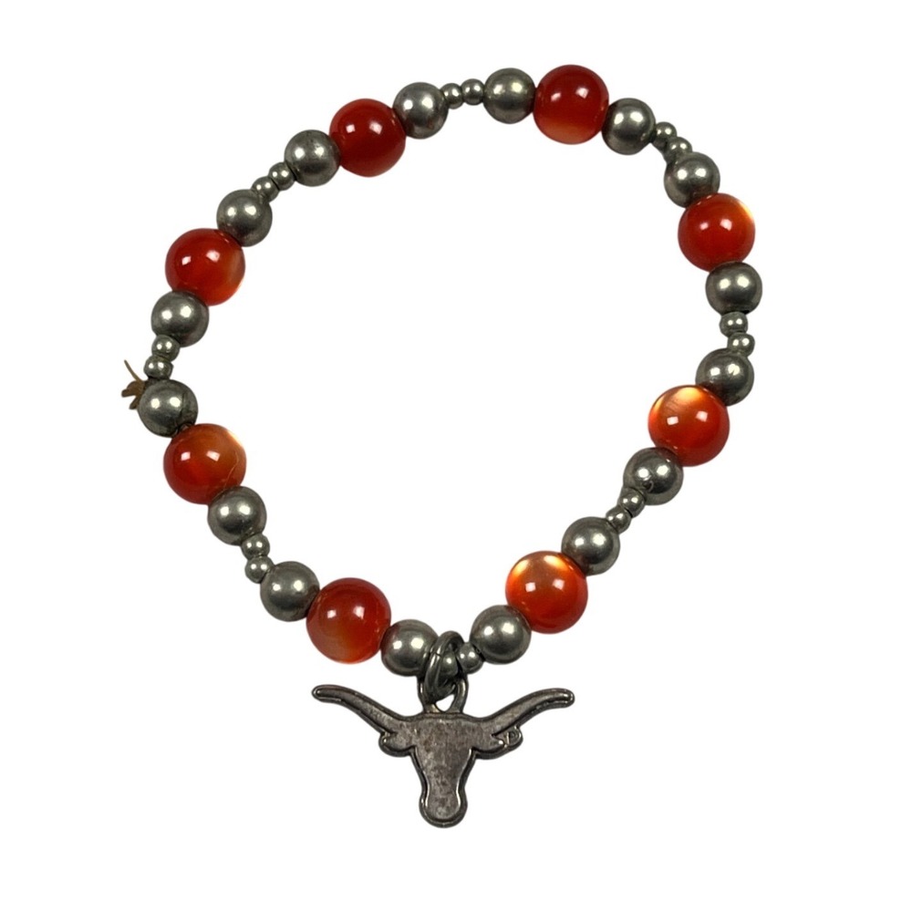 Texas‎ Longhorns Stretch Bracelet Orange Cats Eye Beads Silver Tone Bull Charm